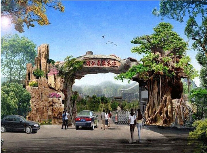 定做假树大门大型门头假山门头仿真古树景区塑石山门水泥设计施工